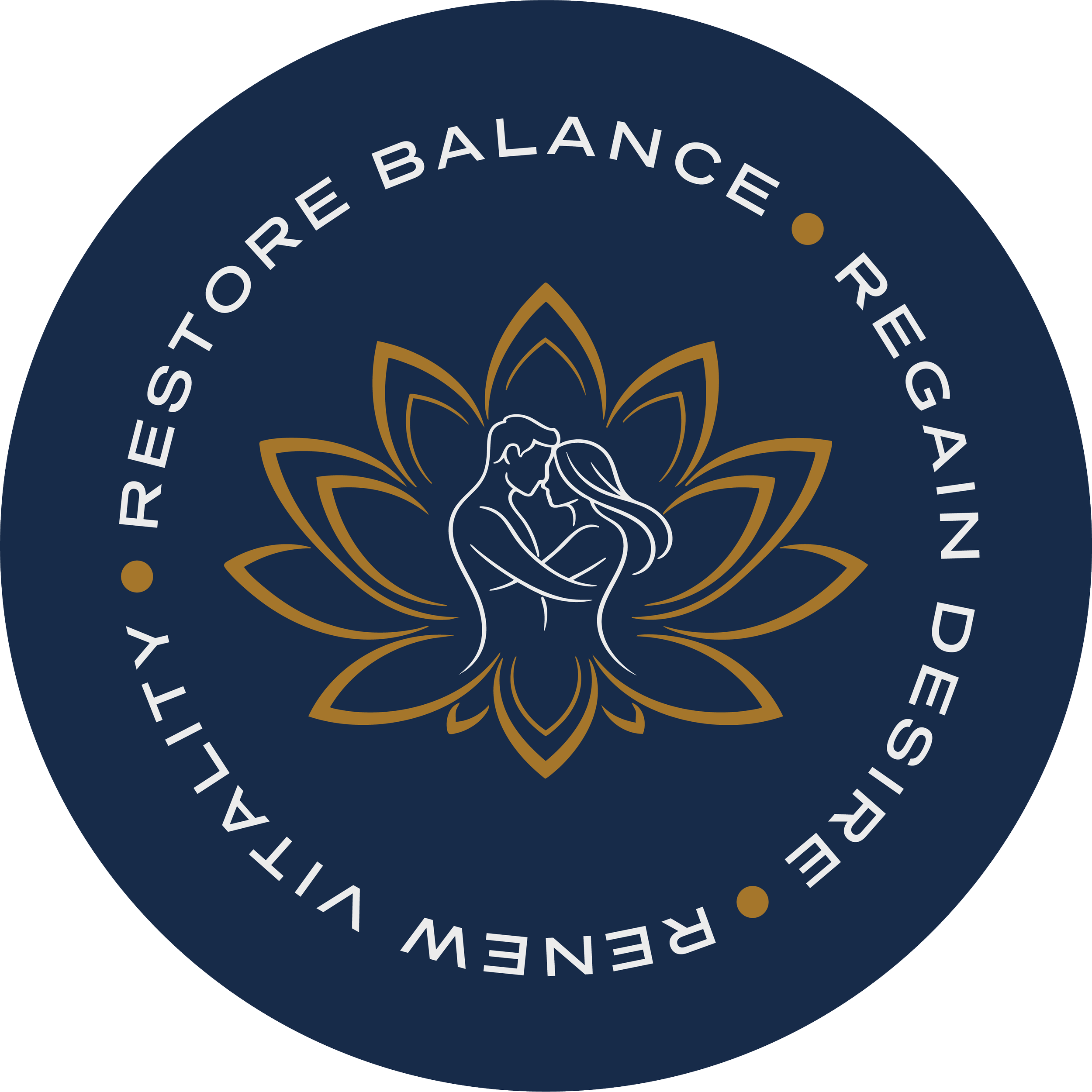 Circular logo featuring an illustration of a couple embracing, centered within a stylized flower. The surrounding text reads 'Regain Your Vitality' and 'Restores To Rebalance Regain Your Vitality', with small dots separating the phrases, all on a dark blue background.