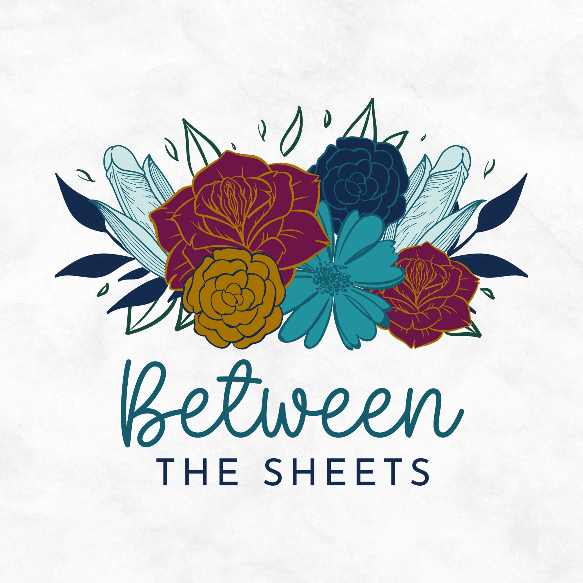 A floral logo with blue, red, yellow, and dark-colored flowers above the text 'Between the Sheets' on a light background.
