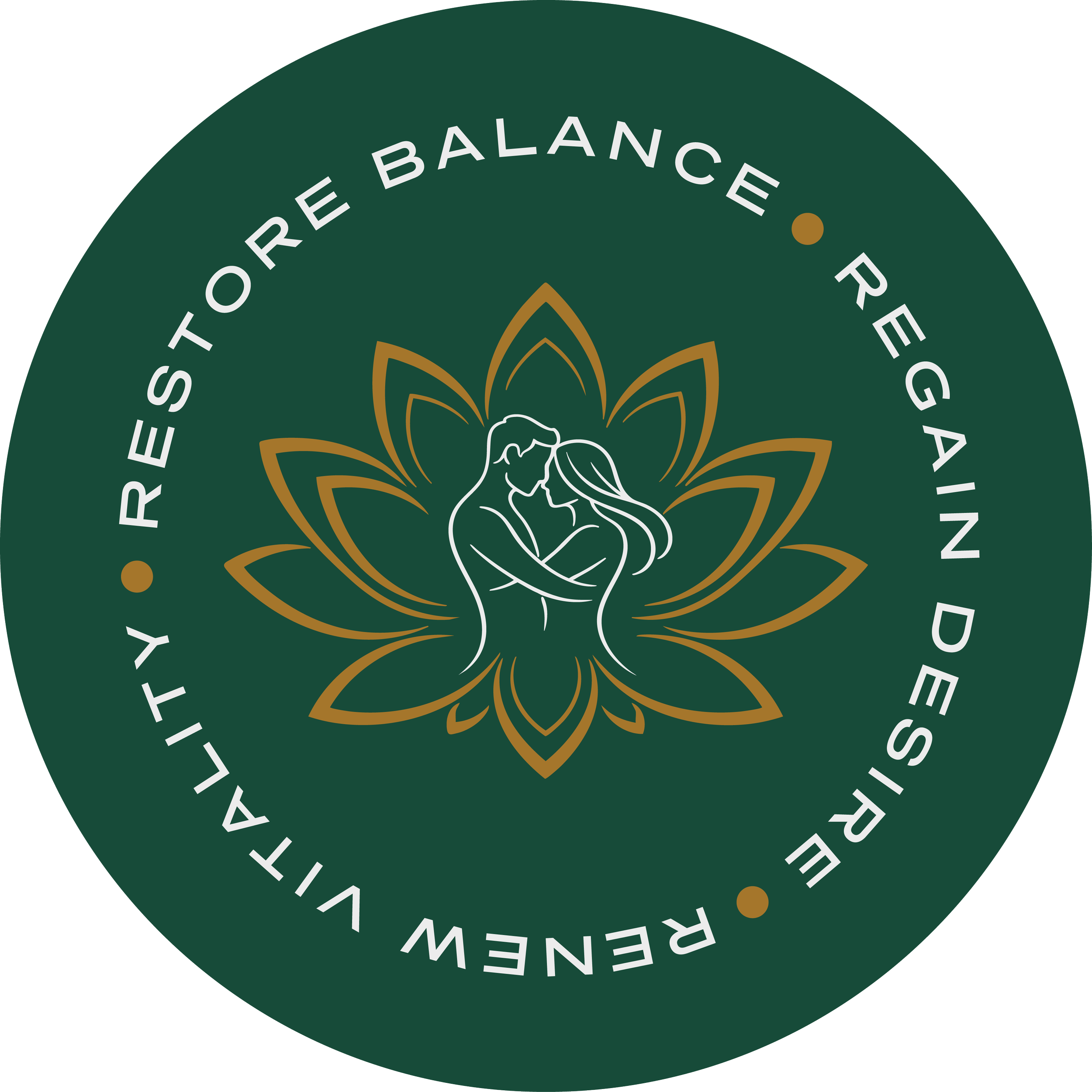 A circular logo with a dark green background and white text that says 'Restore Balance. Regain Desire. Rejuvenate Vitality.' around the top and bottom edges. In the center, there is a stylized outline of a man and woman facing each other, with their arms intertwined, surrounded by a decorative, gold-colored lotus flower design.