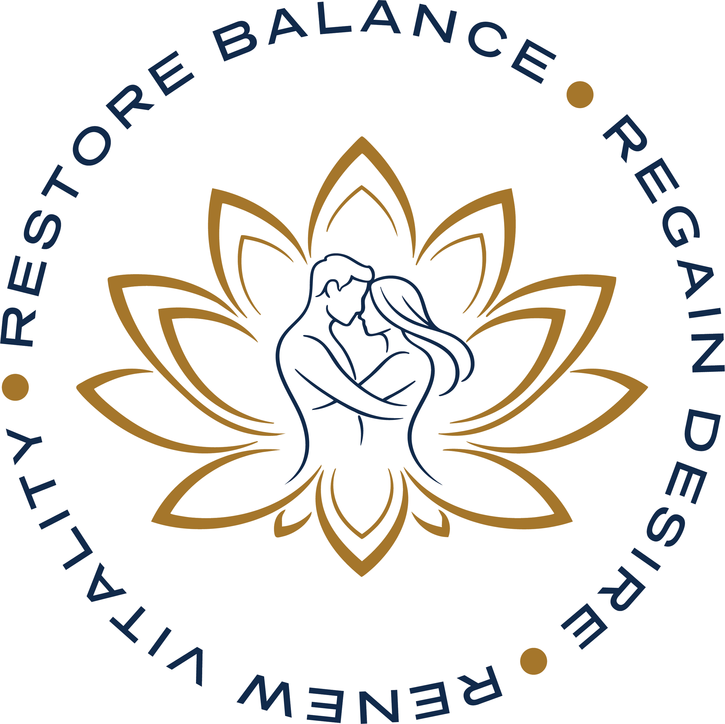 A stylized illustration of a couple embracing in front of a large, gold-colored lotus flower, with text around the circle that reads, 'Rejuvenate to Restore Balance Day'.