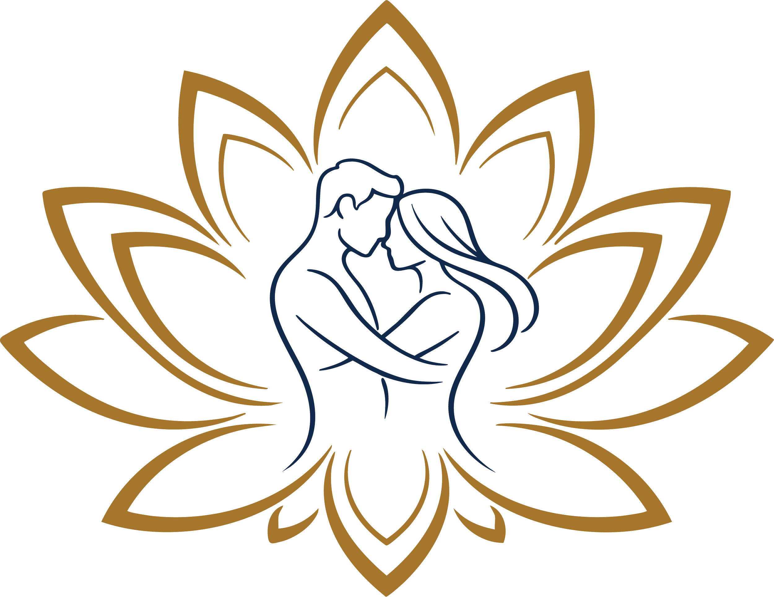 Line drawing of a man and woman embracing inside a stylized lotus flower outline, gold and navy blue colors.