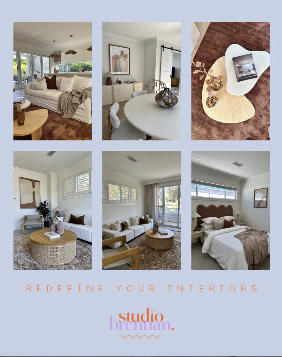 Collage of six interior living space photos showing modern, minimalist furniture and decor in neutral tones, with text "Redefine Your Interiors" and "Studio Brennan."