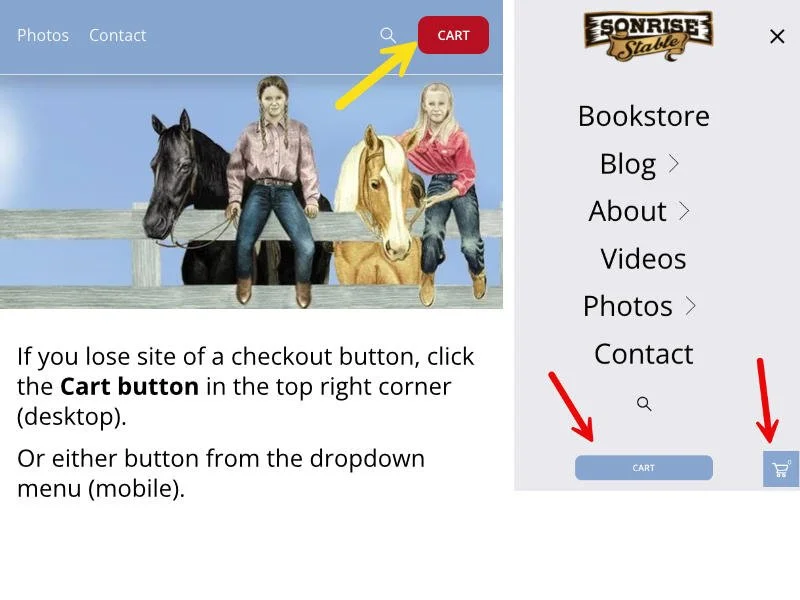 Screenshot of a website featuring a drawing of two women riding horses and navigation instructions for locating the shopping cart and checkout buttons.