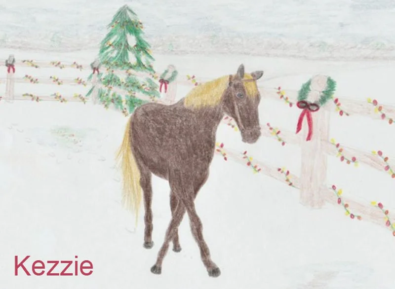 A horse walking on snow-covered ground near a decorated Christmas tree and a fence with holiday ornaments and greenery.