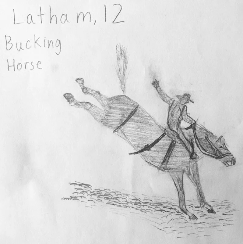 A pencil sketch of a horse bucking, with a rider holding the reins and a hat. The text in the upper left reads: "Latham, 12 bucking horse."