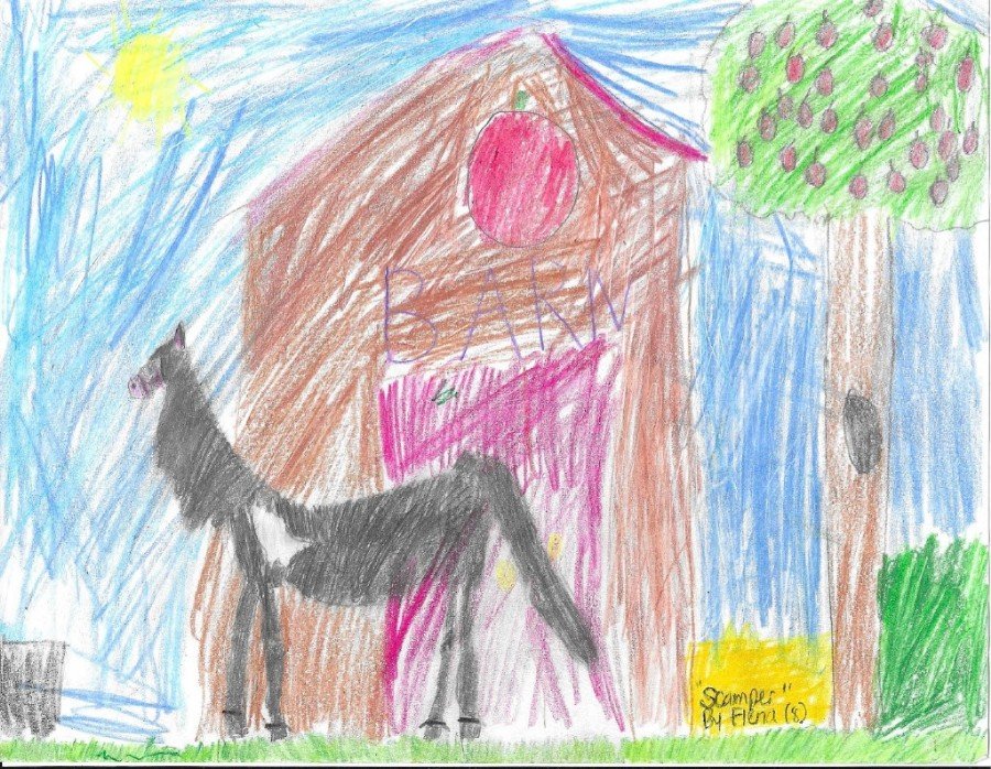 Colorful child's drawing of a brown barn with a red circle on top, a black horse on the grass, a green tree with pink and purple fruit, and a bright yellow sun in a blue sky.
