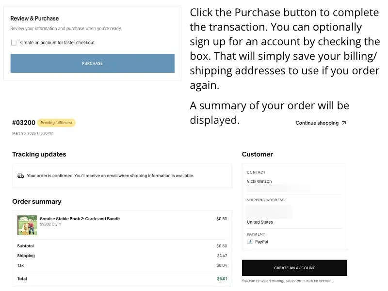An online checkout page showing a pending order for "Somrise Stable Book 2: Carrie and Bandit" with a total of $5.01. It includes sections for review and purchase, tracking updates, order summary, customer info, and a purchase button.