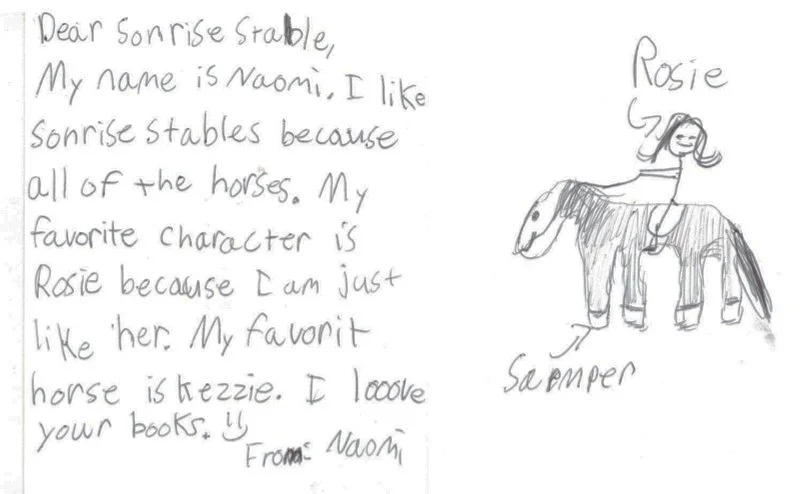 A handwritten note and a child's drawing of a horse. The note is from Naomi, expressing her love for sunrise stables, the character Rosie, and the horse Tzzzie. The drawing depicts a horse with a person named Rosie riding it, labeled with Rosie and S