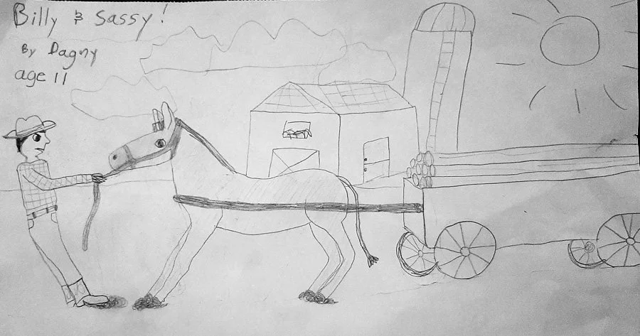 A child's drawing of a farmer standing next to a horse pulling a cart with logs, in a rural scene with a barn, silo, clouds, and a sun.