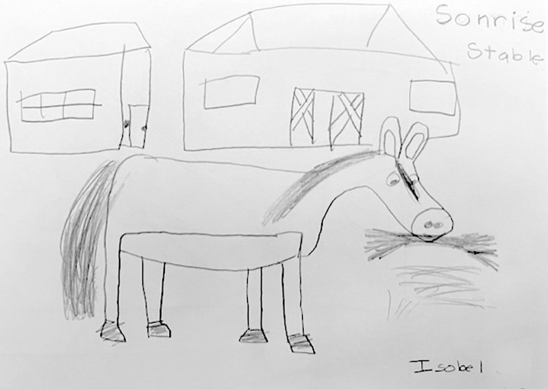 Child's drawing of a stable with a horse in front of it, labeled "Sonrise Stable" and "I see!"