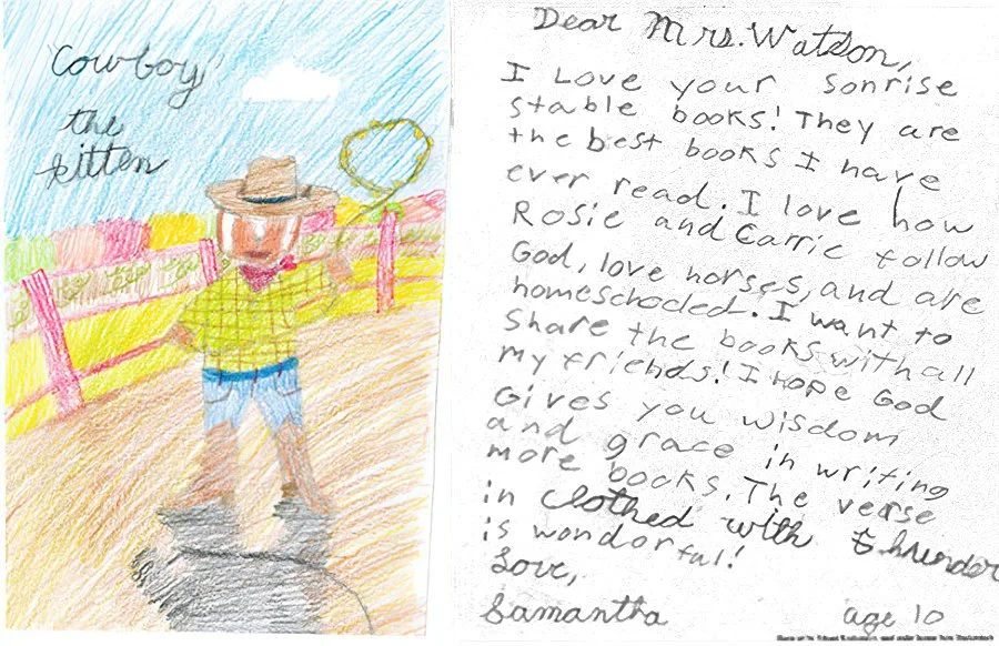 Child's drawing of a boy with a hat and a yellow shirt, standing on a farm-like setting with a pig nearby, and a handwritten letter to Mrs. Watson praising her books.
