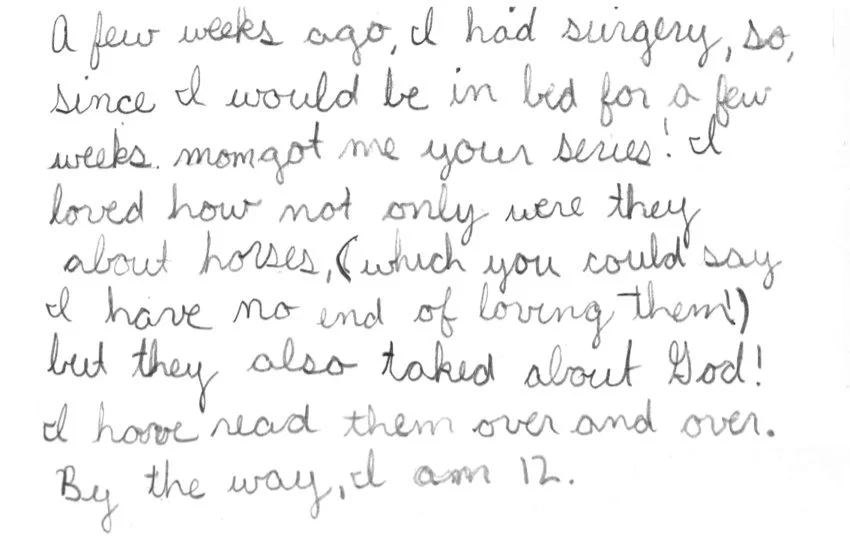 A handwritten letter describing a person recovering from surgery, mentioning watching a series about horses, and stating their age as 12.