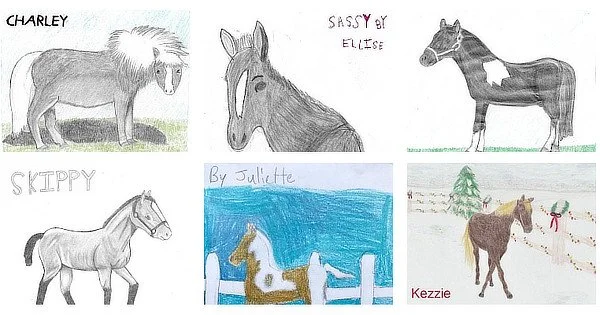 A collection of six children's drawings of horses, each labeled with different names: Charley, Sassy by Elise, Skippy, a horse labeled 'By Juliette', Kezzie, and a horse with a holiday scene.