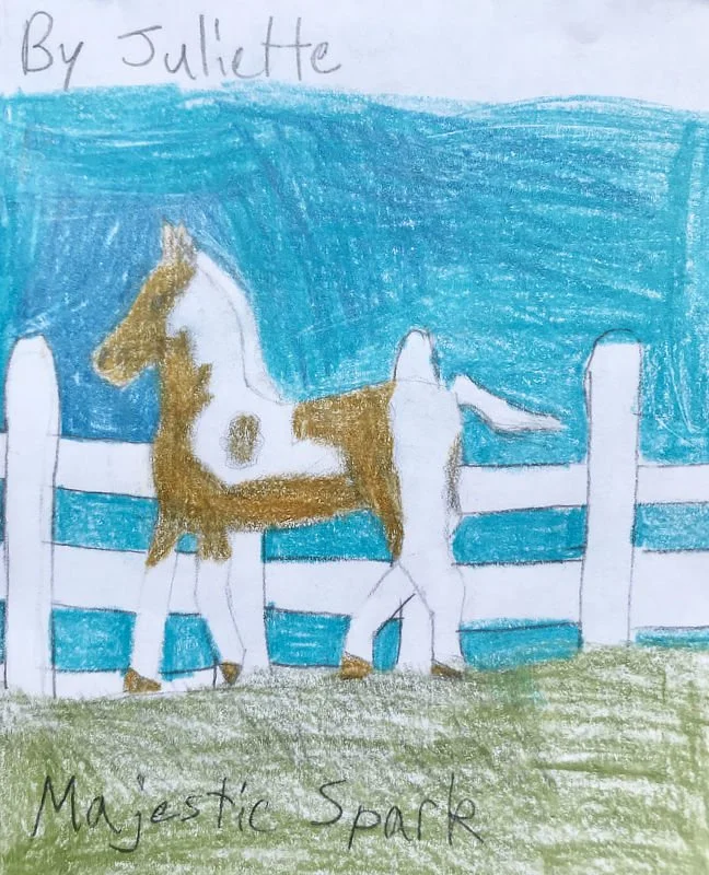 Child's crayon drawing of a horse in front of a white fence with a blue sky. Text at the top says 'By Juliette' and at the bottom 'Majestic Spark'.