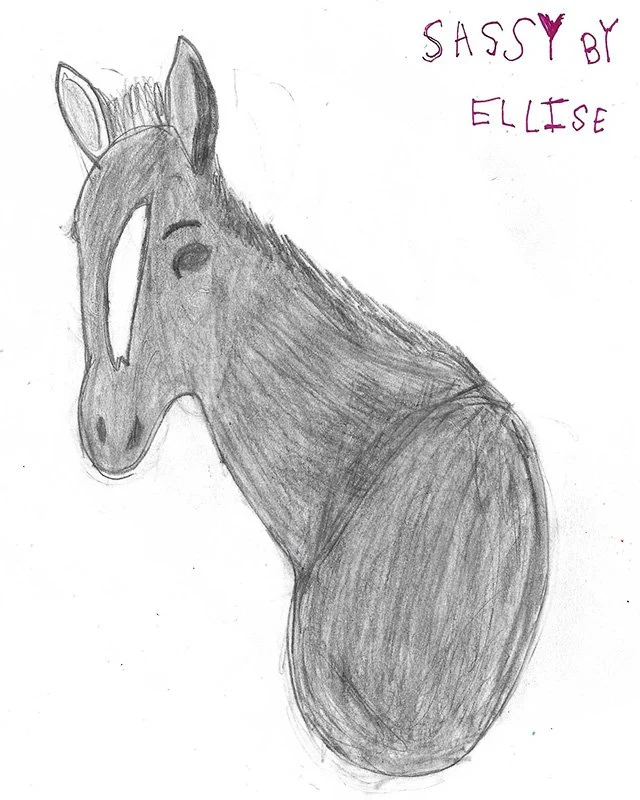 A hand-drawn pencil sketch of a horse with a smiling expression, with the words "SASSY BY ELISE" written in purple ink in the top right corner.