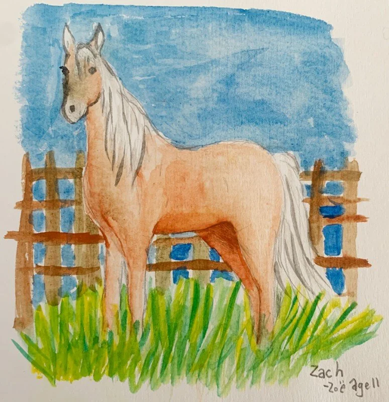 Watercolor painting of a light brown horse with a white mane standing on green grass in front of a wooden fence under a blue sky.