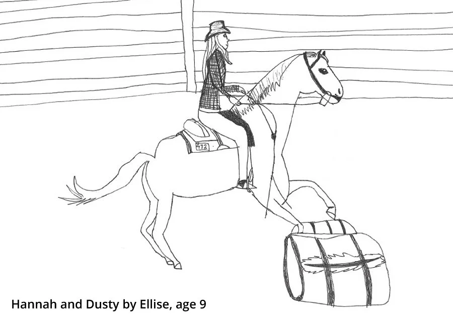 A line drawing of a girl riding a horse with a bag on the ground. The girl is wearing a hat and a checkered shirt, and the horse has a saddle.