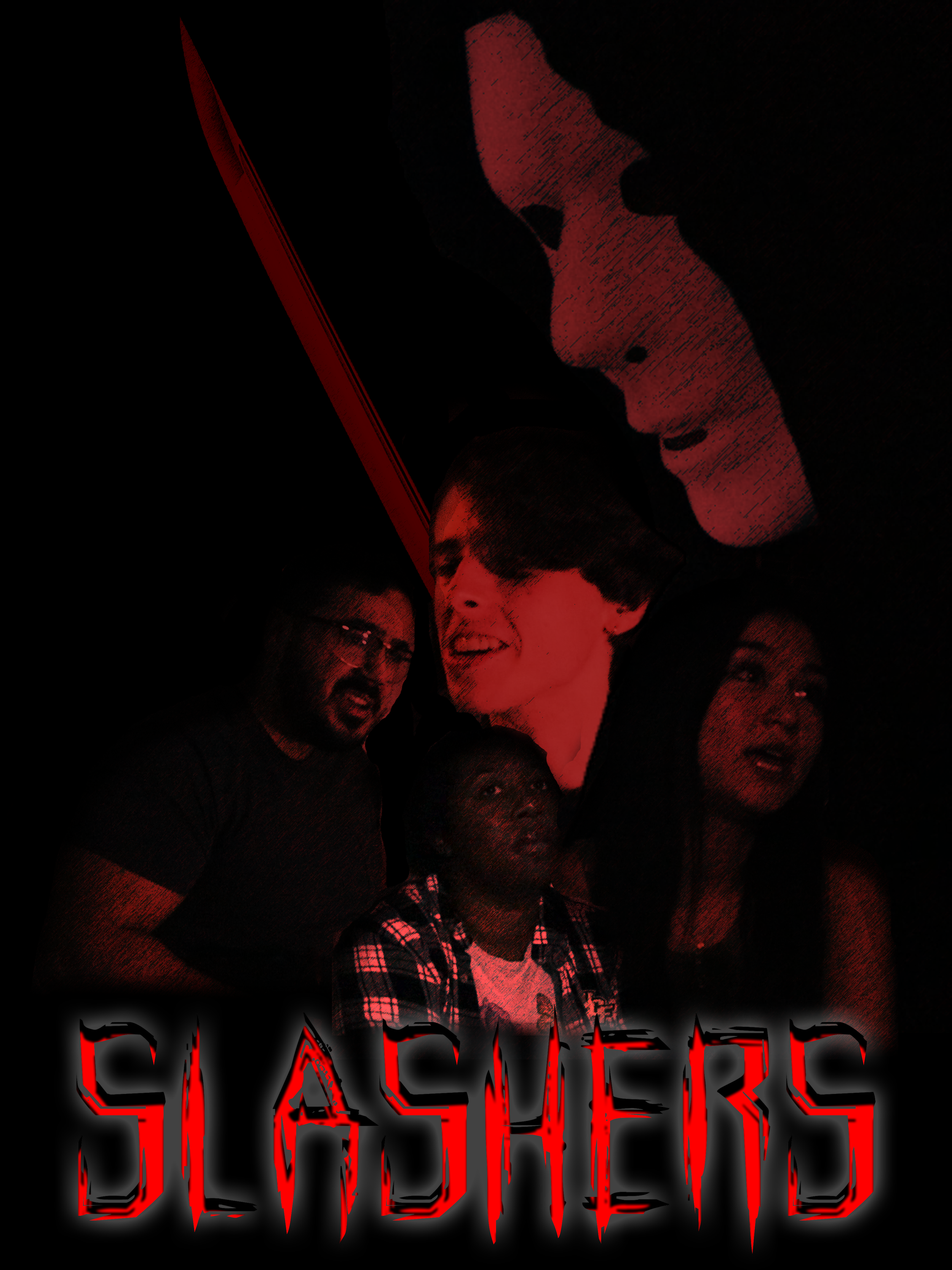 A poster for the horror film 'Slashers' featuring faces of a woman and several people in a red and black color scheme.