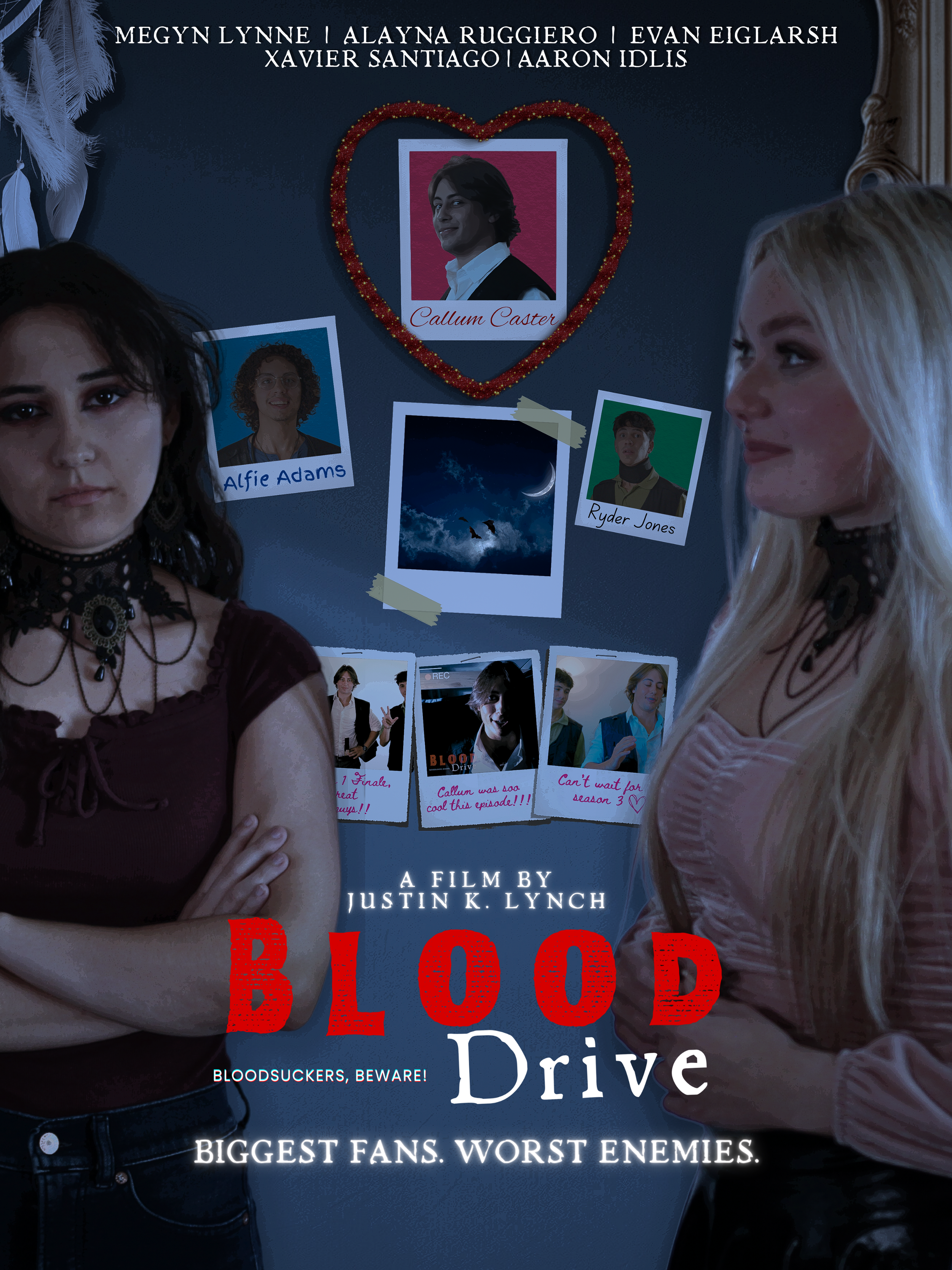 Movie poster for 'Blood Drive' showing two women standing with crossed arms, a bulletin board with photographs and notes, and featuring text about the film's title, director, and taglines.