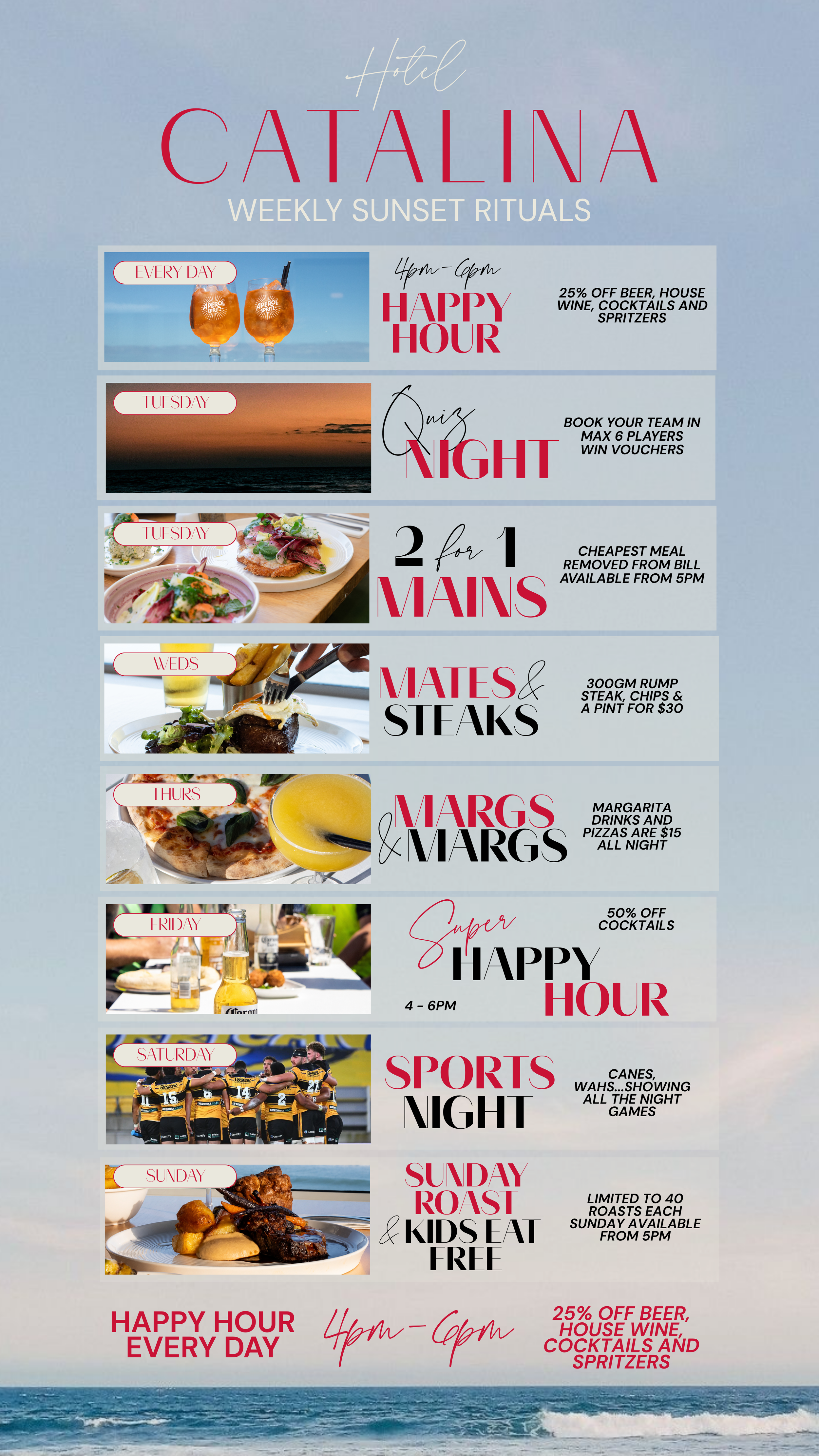 A weekly schedule of events at Hotel Catalina with times, descriptions, and images including drinks, sunset, food, sports, and roast dishes.