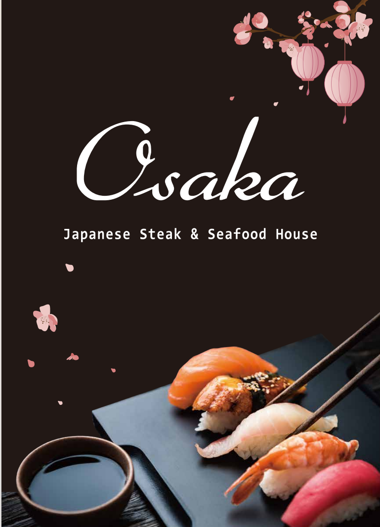 Black menu cover featuring pink cherry blossoms, pink lanterns, and chopsticks picking up sushi, with the text 'Osaka Japanese Steak & Seafood House'.