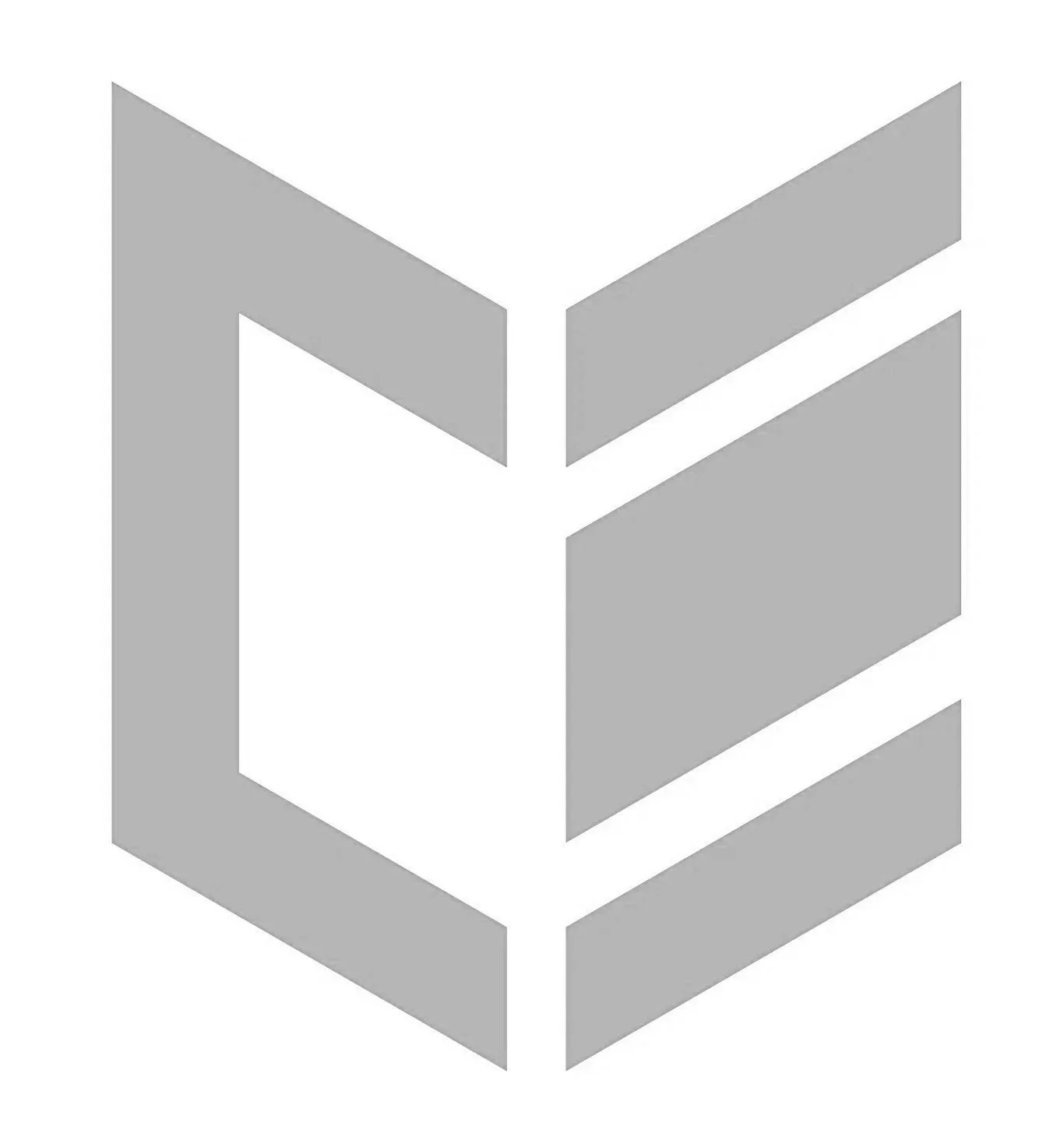 A gray and white three-dimensional abstract cube logo with alternating sections.