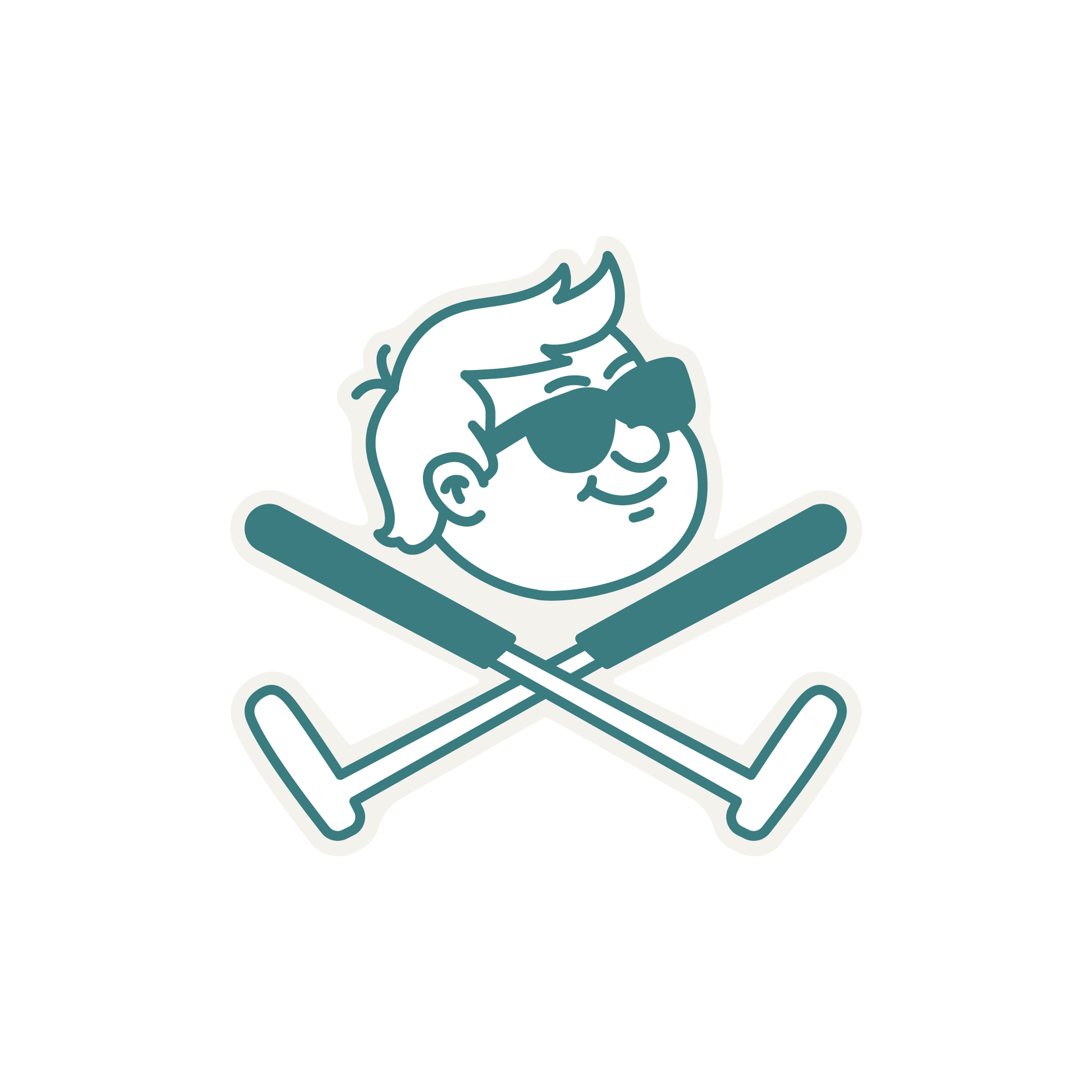 Cartoon of a smiling person wearing sunglasses and lounging on a beach chair with crossed sun umbrellas underneath.