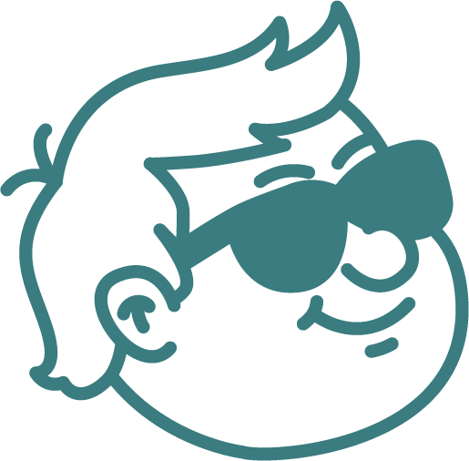 Cartoon illustration of a smiling boy with spiky hair wearing sunglasses.