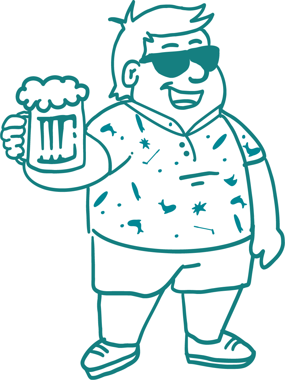 Cartoon illustration of a smiling man wearing sunglasses, a Hawaiian shirt with a fish pattern, shorts, and sandals, holding a mug of beer.
