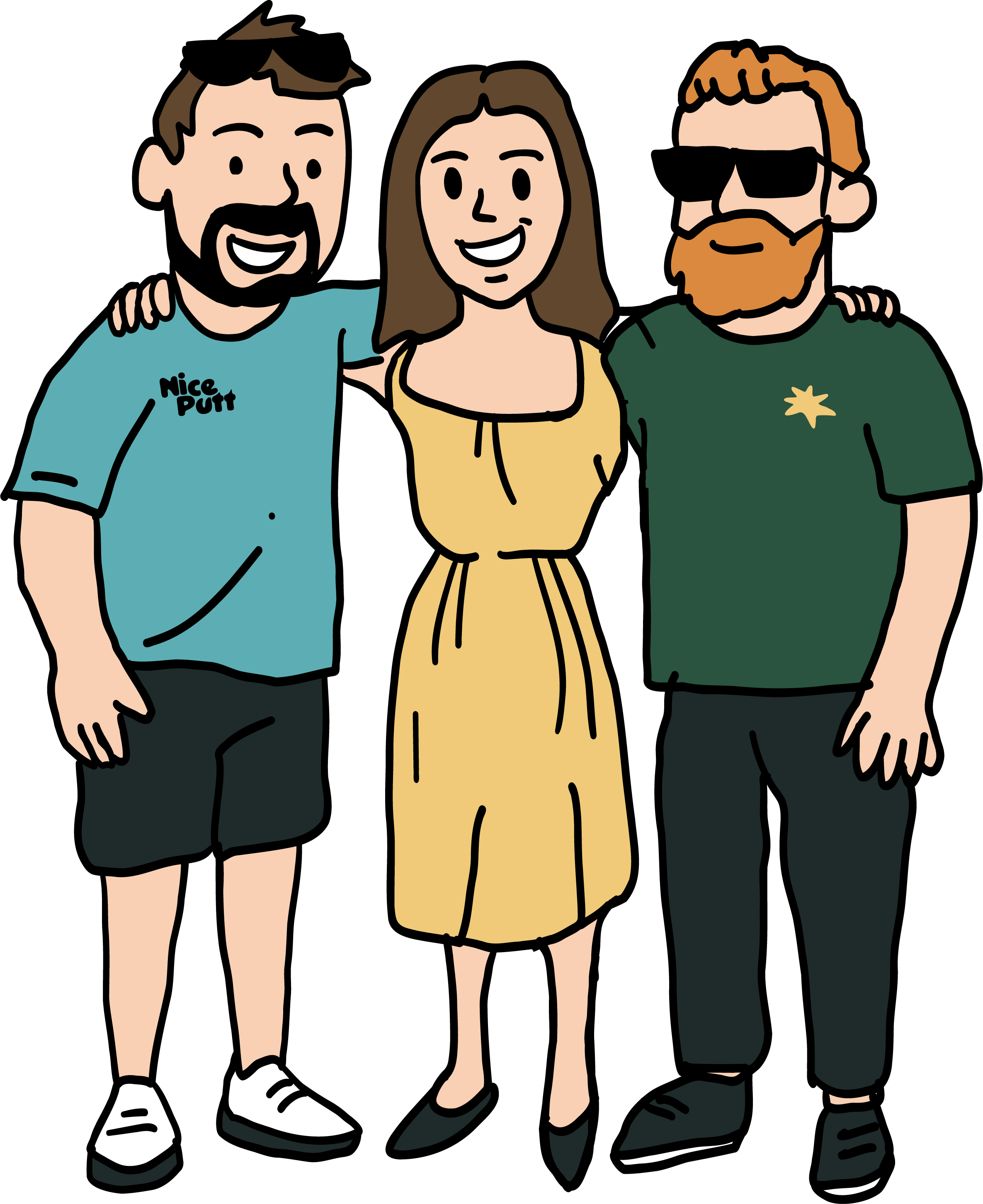 Cartoon illustration of three people standing together, smiling, with their arms around each other, against a black background.