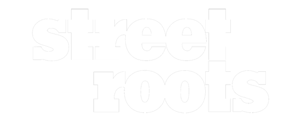 Logo reading 'street roots' in bold, white letters on a black background.