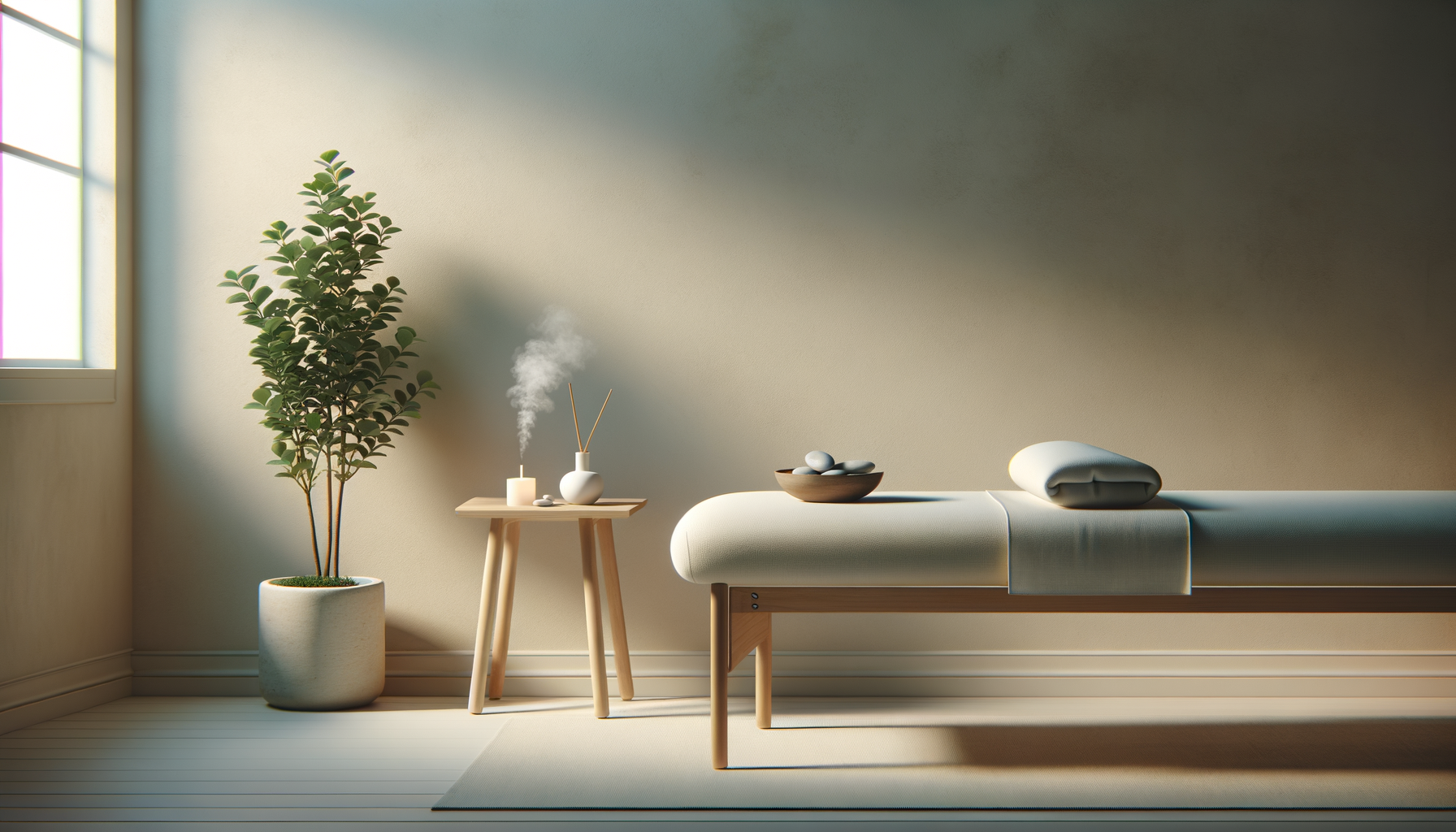A serene massage room with a massage table covered with a white sheet and cushion, a wooden bowl with stones on the table, a lit candle, incense sticks emitting smoke, a large green potted plant by a window, and soft sunlight illuminating the space.
