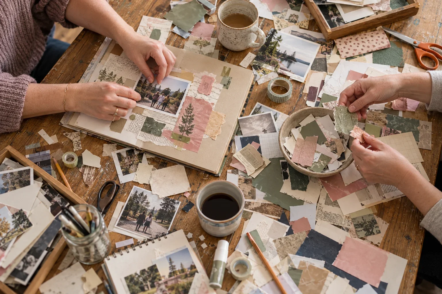 Hands arranging photos and patterned paper in scrapbook albums on a table with scissors, supplies, and coffee.