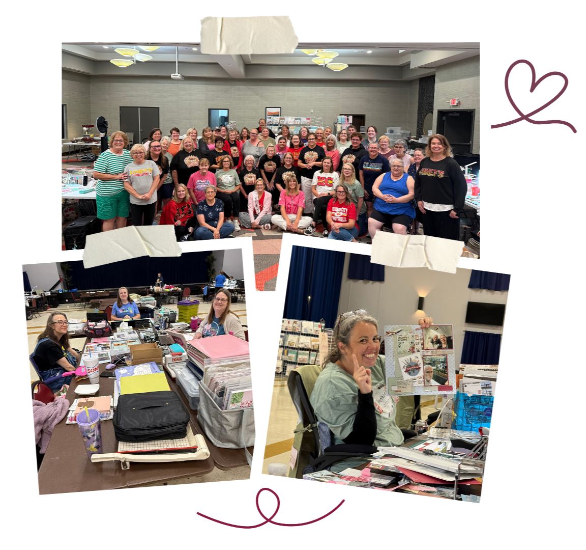 Retreat photo collage showing a group of attendees, women at a crafting table, and a participant displaying her scrapbook page.