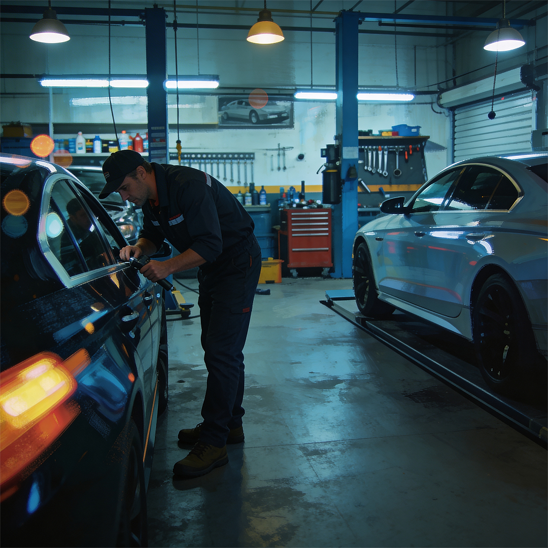 An automotive mechanic working on a black car inside a garage with tools and equipment in the background.