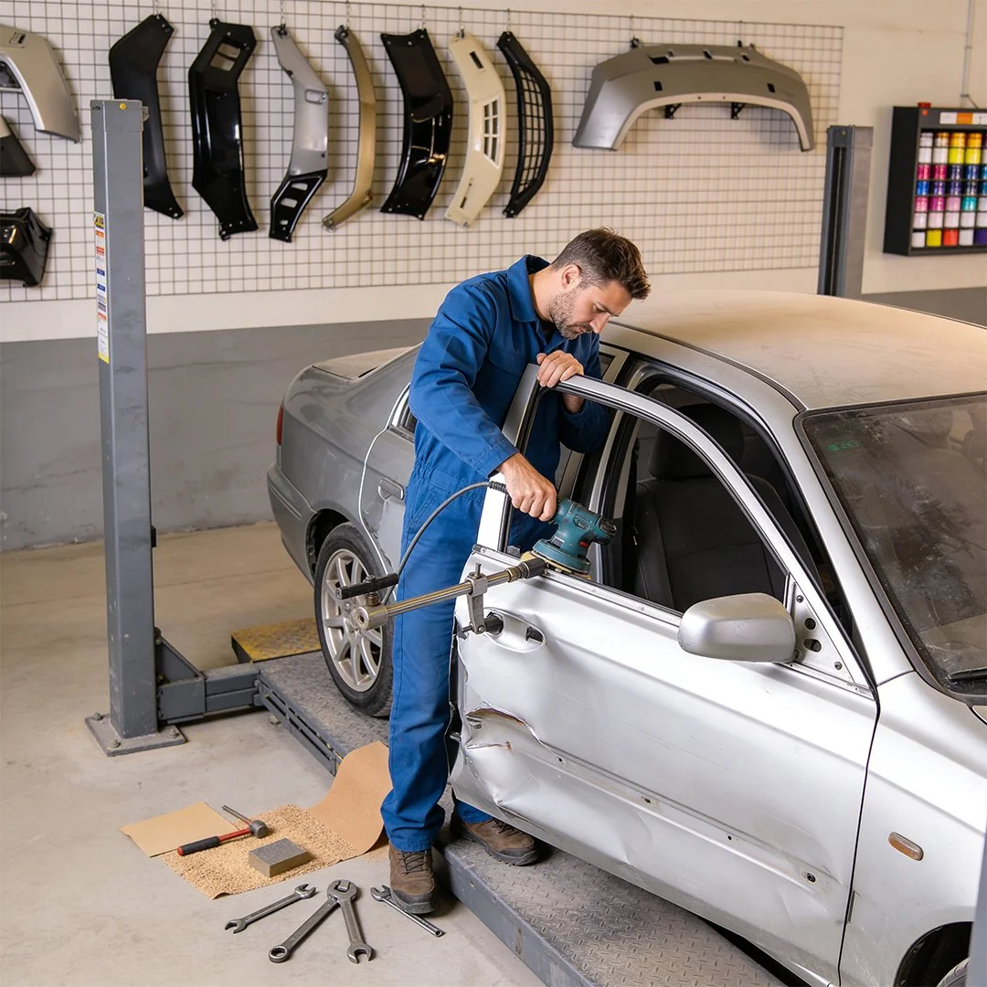 A man repairing a silver car with damage to the driver-side door in an auto body shop. He is using a power tool, possibly for sanding or grinding. Workshop tools such as wrenches and a hammer are on the floor next to him. The background shows various car parts, such as bumpers, hanging on a grid wall.