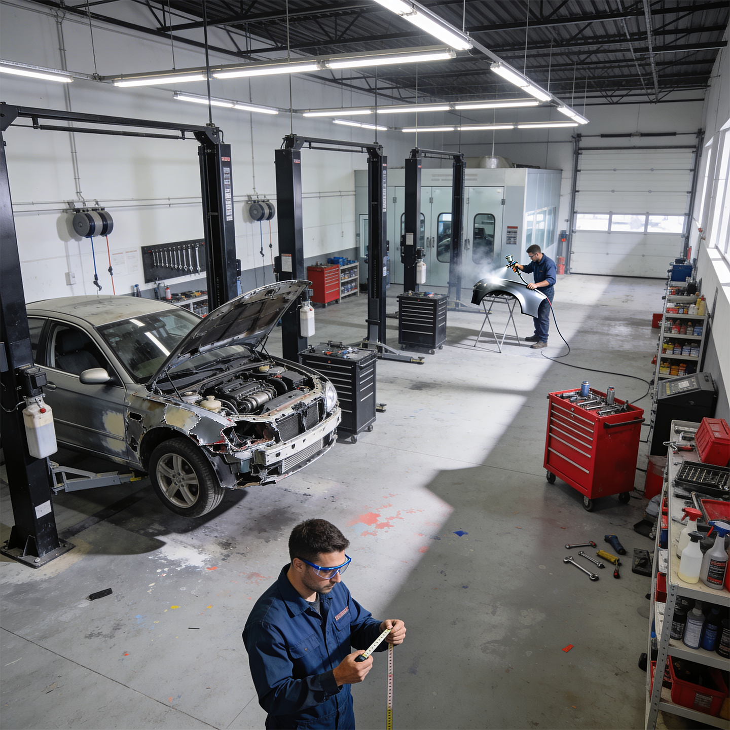An automotive repair shop with two workers: one inspecting a car's wheel and another cleaning or painting a car fender. The car in the foreground is a silver sedan with a damaged front end, and the shop is equipped with tools, tool carts, and car lifts.