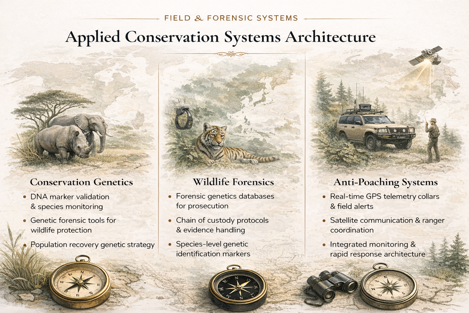 An infographic on applied conservation systems architecture featuring three sections. The first section discusses conservation genetics with an illustration of two rhinoceroses, a DNA strand, and a compass. The second section covers wildlife forensics with an illustration of a tiger, a DNA database, and a compass. The third section explains anti-poaching systems with an illustration of a ranger, a patrol vehicle, and a satellite, along with a compass. The background has a map and natural scenery.