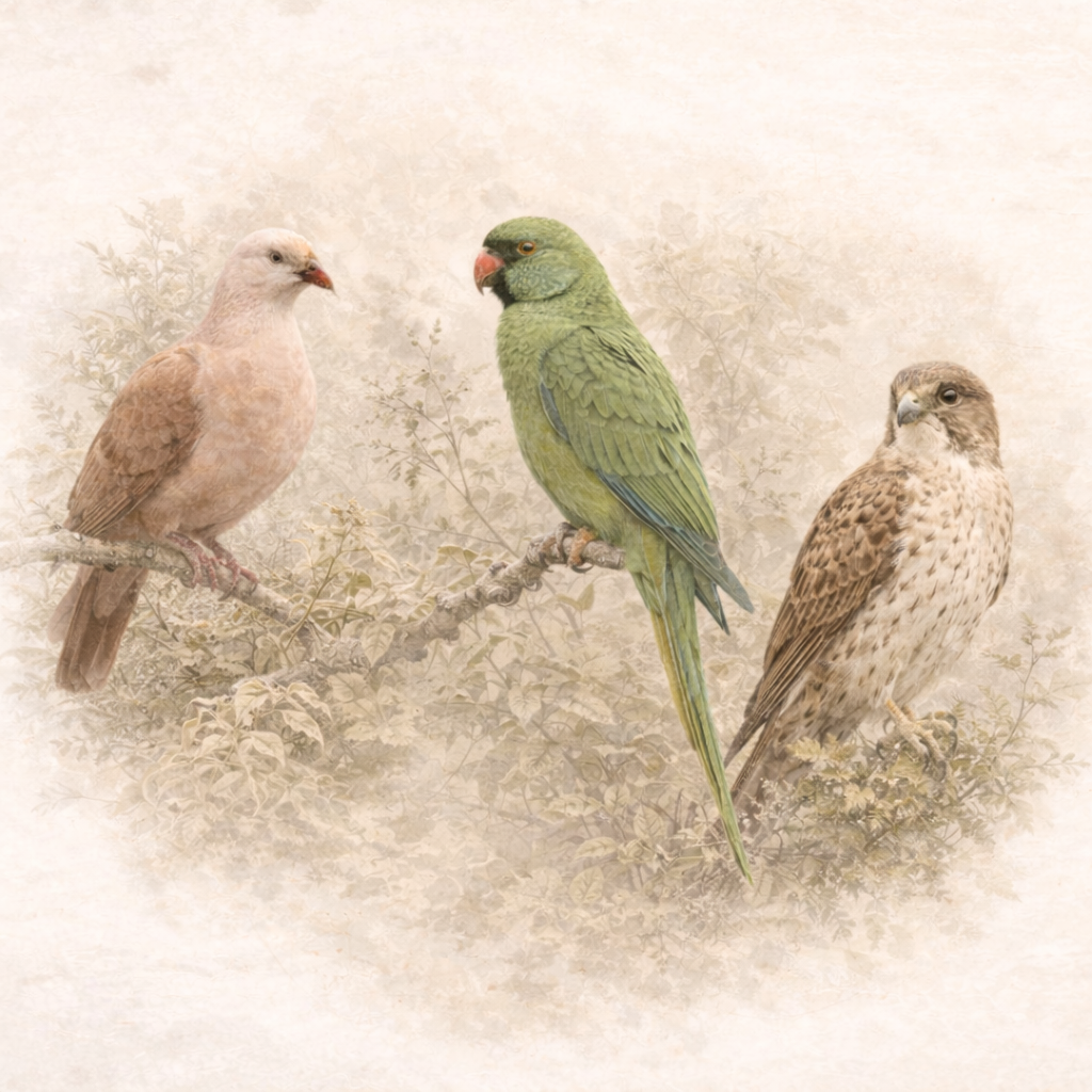 Three birds perched on a branch against a textured background. The bird on the left is light brown, the middle bird is green with a pink beak, and the right bird has brown and white plumage.