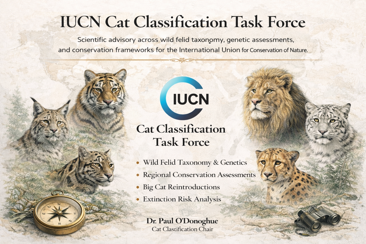 An informational poster titled 'IUCN Cat Classification Task Force' featuring illustrations of various wild cats, including tigers, lions, leopards, and clouded leopards, with a background of a world map and trees. The poster lists focus areas such as wild felid taxonomy and genetics, conservation assessments, reintroductions, and extinction risk analysis. It also shows a compass and binoculars and credits Dr. Paul O'Donoghue as the Cat Classification Chair.