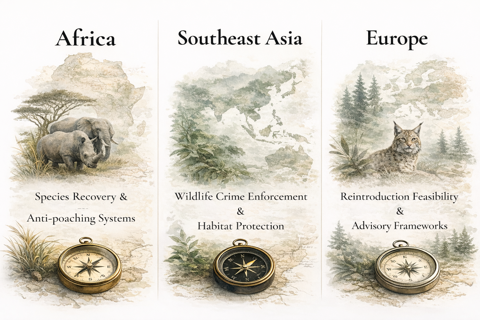 A poster featuring three sections labeled Africa, Southeast Asia, and Europe. Each section has watercolor map backgrounds, wildlife images, and a compass at the bottom. Africa shows elephants and discusses species recovery and anti-poaching systems, Southeast Asia shows foliage and addresses wildlife crime enforcement and habitat protection, Europe displays a lynx and relates to reintroduction feasibility and advisory frameworks.