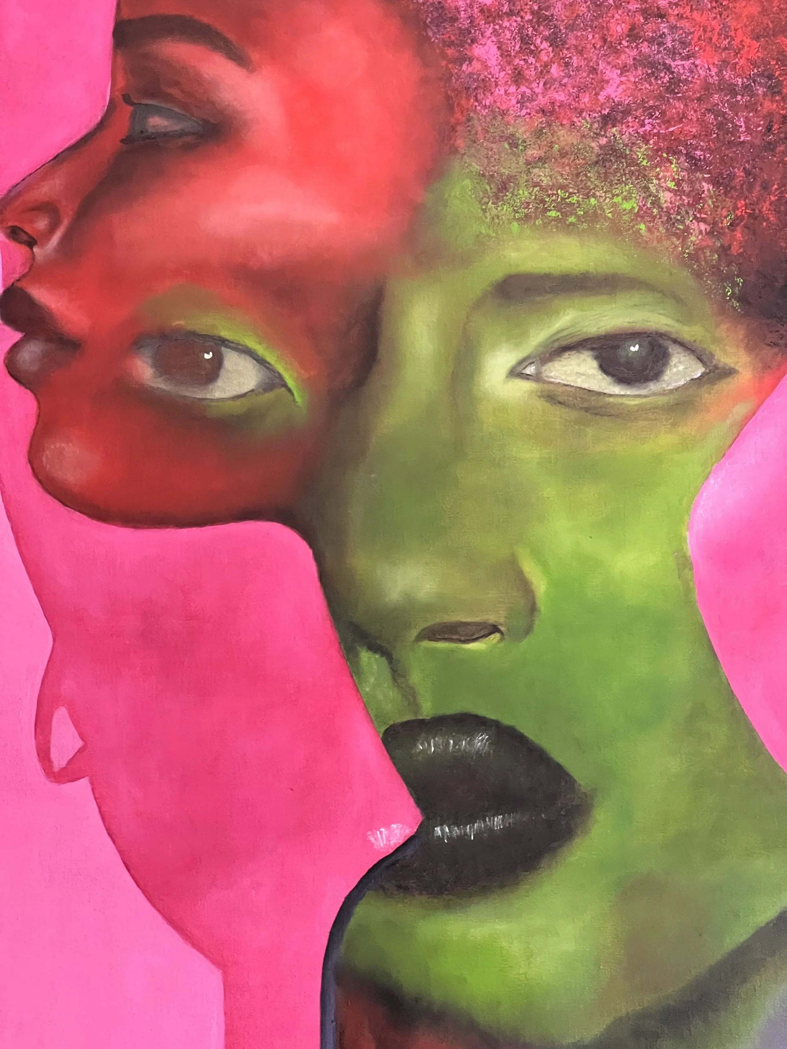 A colorful abstract portrait of a person's face with green skin, black lips, and eyes, overlapping with bodies in shades of red and pink, blending into a pink background.