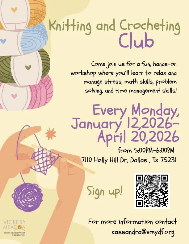 Knitting and crocheting club flyer, Mondays from 5-6pm