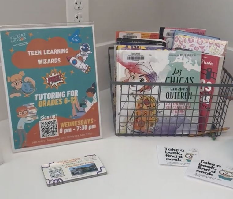 Basket full of books, sign that says "Teen Learning Wizards, tutoring for grades 6-12"