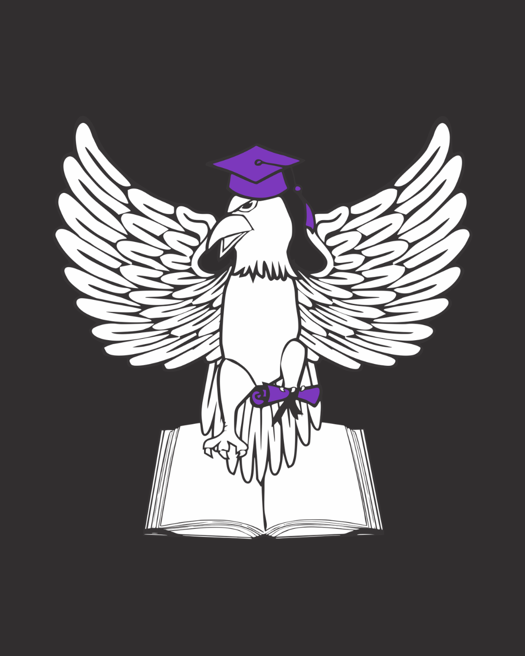 White eagle with purple cap and holding purple rolled up diploma in left talon with wings spread open on top of an open book