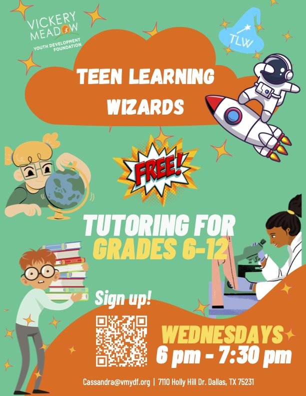 Teen Learning wizards tutoring program flyer, Wednesdays from 6-7:30pm