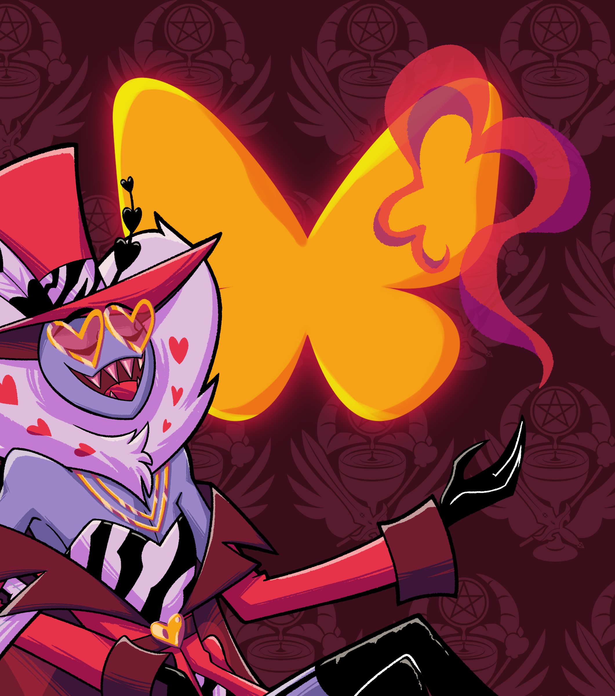 The Bluesky butterfly logo in gold with Valentino lounging in front leaning on Vox.