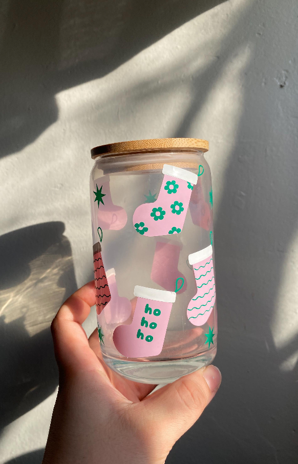 Christmas Stockings Bamboo Lid Glass Cup