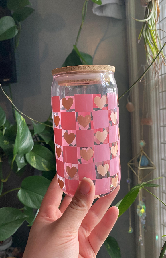 Checkered Love Bamboo Lid Glass Cup
