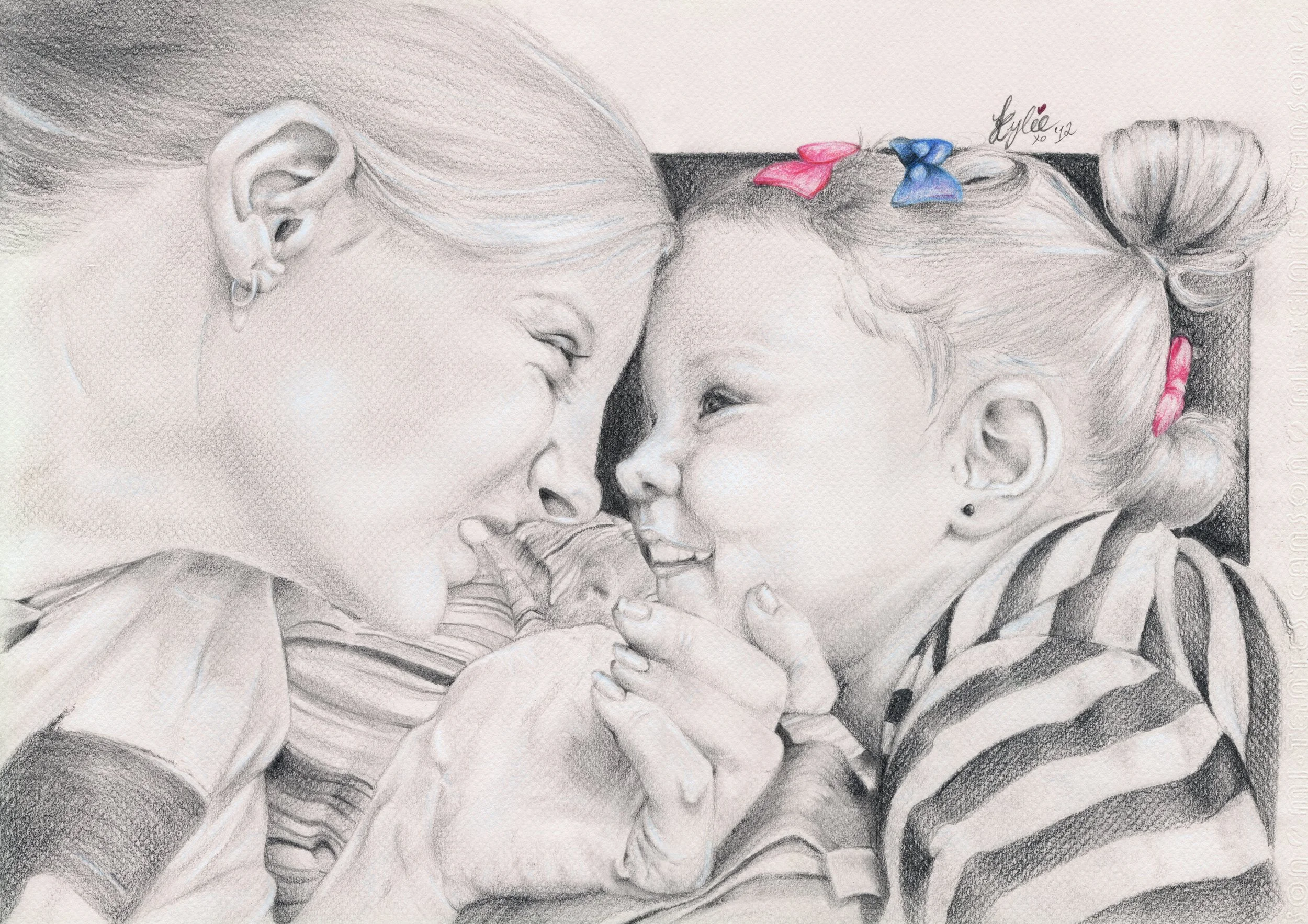A detailed pencil sketch of a woman and a young girl touching foreheads and smiling at each other. The woman has light hair tied back, and the girl has blonde hair styled in two buns with colorful bows. The girl is wearing a striped shirt, and the woman is wearing earrings.